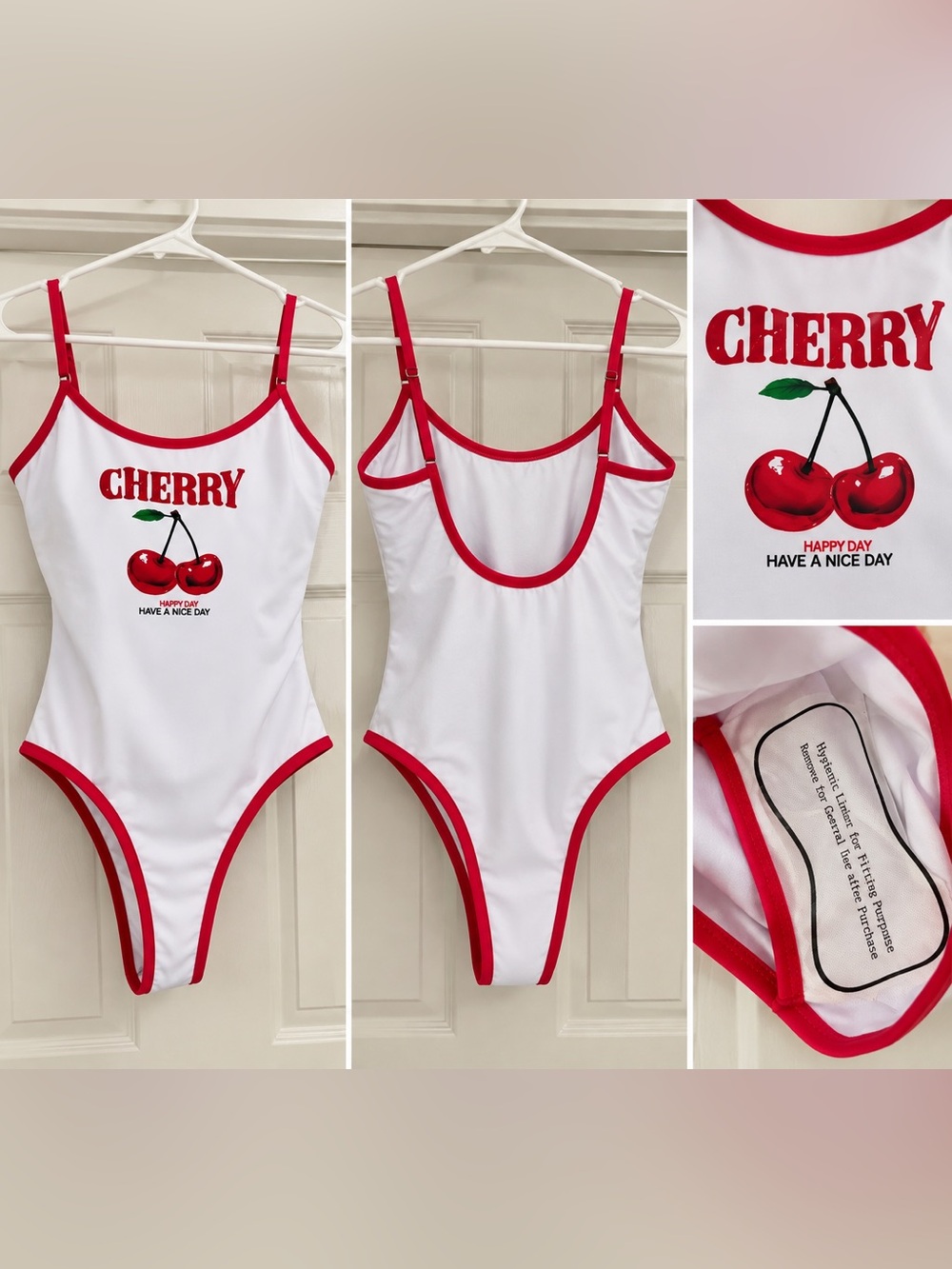 SHEIN White One-Piece Swimsuit with Red Trim & Cherry Graphic